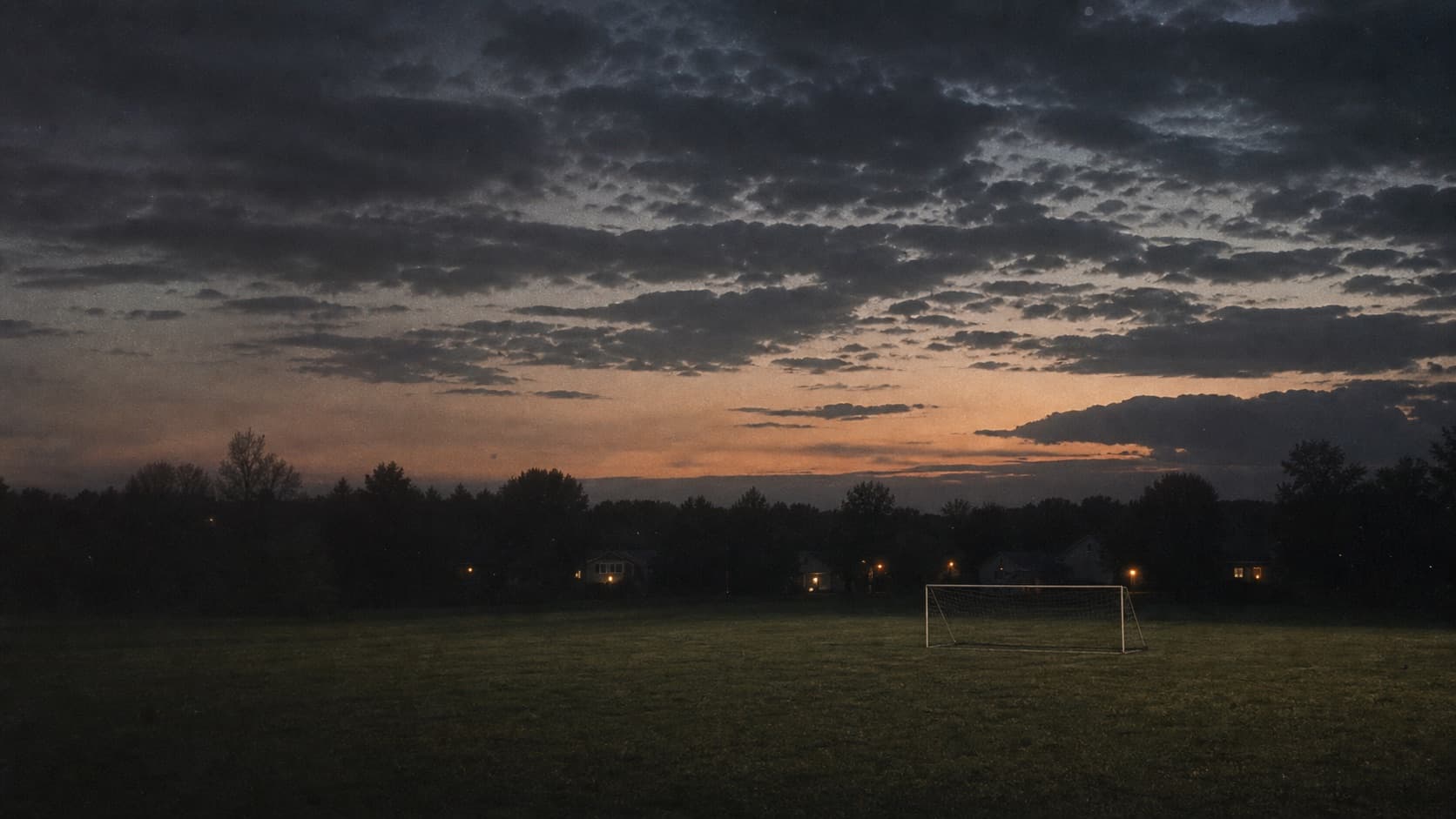 A dark field and treeline beneath an evening sky
